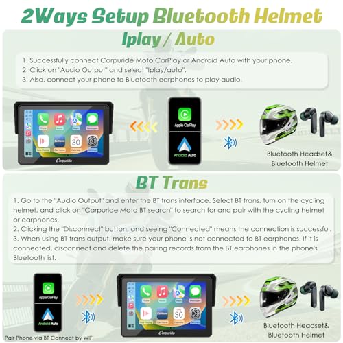 Carpuride W702 for Motorcycle, 7 inch Waterproof Touchscreen, Portable Carplay/Android Auto GPS Navigation for Motorbike, Support Dual Bluetooth, Car GPS, Siri, G00gle Assistant, TF-64G