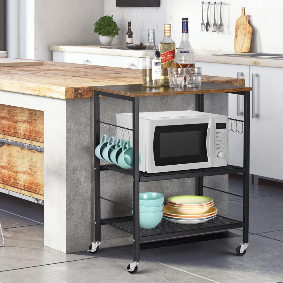 Kitchen Microwave Cart Islands Carts On Wheels 3-Tier Industrial Utility Cart and Rolling Bakers Rack with 10 Hooks and Adjustable Mesh Shelves for Farmhouse, Dining Room, Living Room, Home, Office