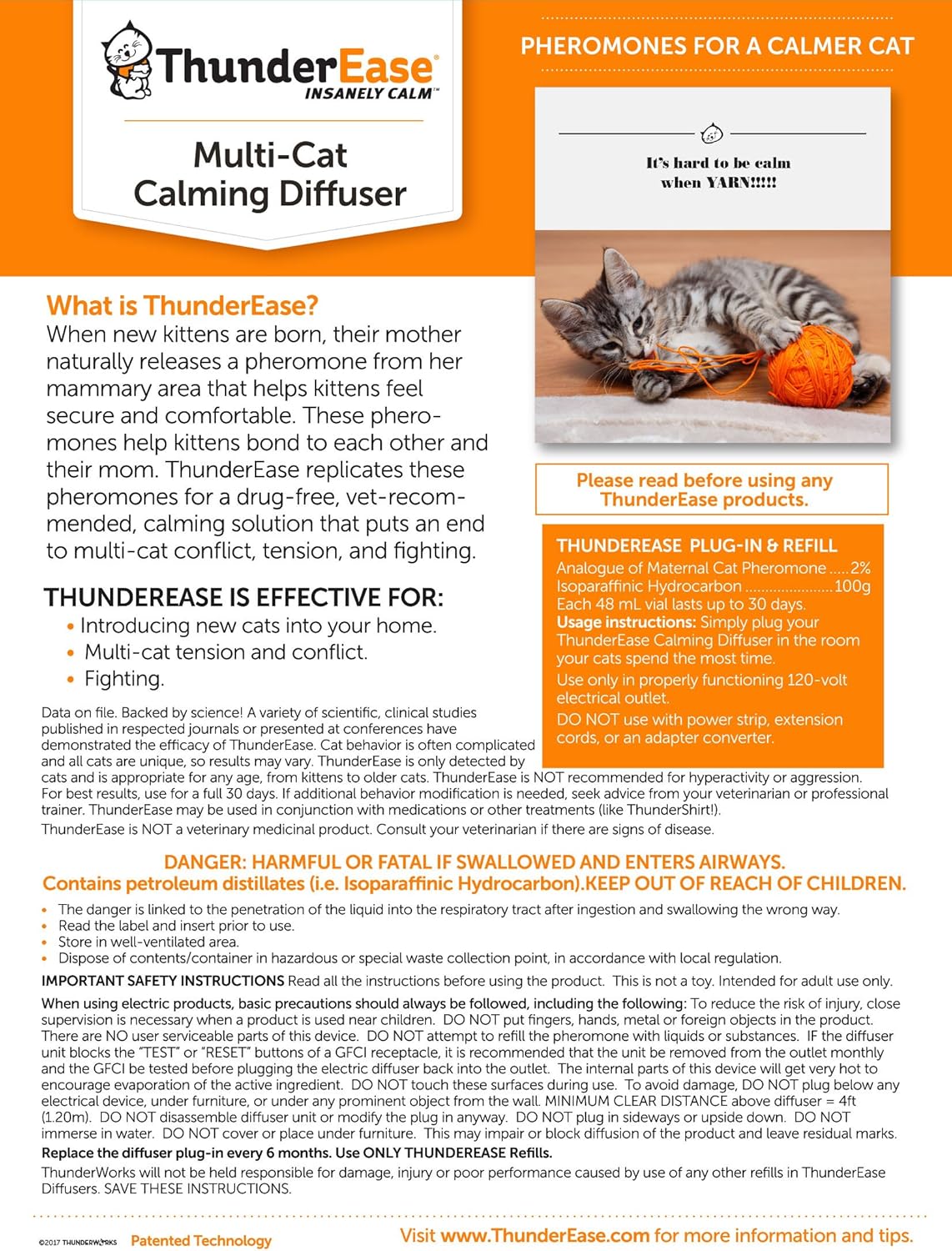 ThunderEase Multicat Calming Pheromone Diffuser Kit | Powered by FELIWAY | Reduce Cat Conflict, Tension and Fighting (90 Day Supply) Pack of 2