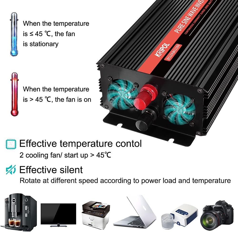 1000 Watt Pure Sine Wave Inverter 12v DC to 110/120v AC, Car Converter Inverter 4 AC&USB Output, Wireless Remote Control(170ft), Power Adapter for Home/Outdoor/RV/Emergency(1000W-12V)