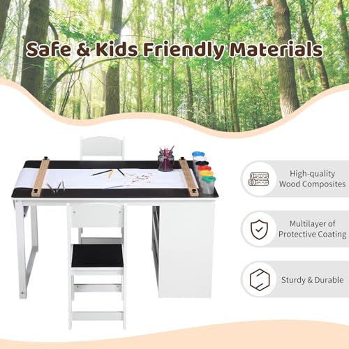 Kids Art Table and Chairs Set, Living and Learning Kids' Art Table and Stool Set with Large Storage Desk and Portable Art Supply Organizer, Kids Activity Table, Drawing and Painting Desk