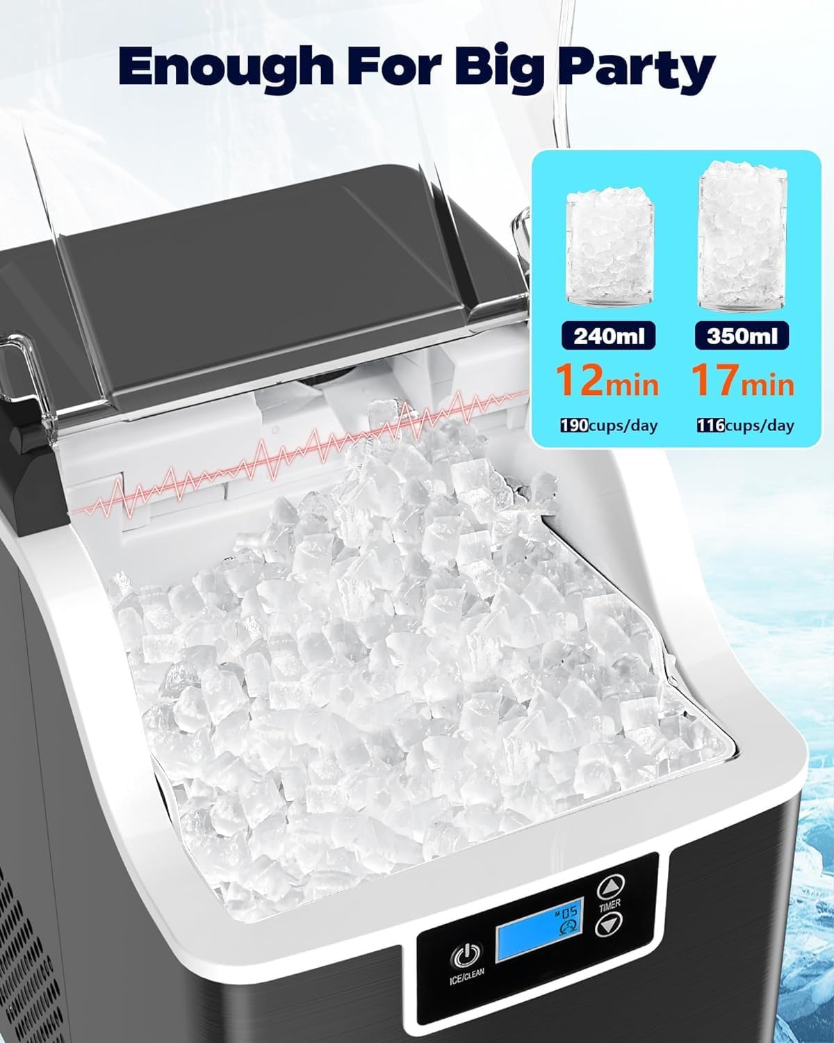 Kndko Nugget Ice Maker Countertop, Crushed Ice Maker, 45lbs/Day, 24H Timer, Self Cleaning Ice Maker Nugget Ice Cubes for Home Bar Party,Stainless Steel Black
