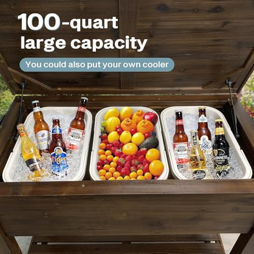 Wooden Patio Cooler with Wheels, Handles and Bottle Opener, Ice Chest with Shelf, Portable Beverage Drink Rolling Cart for Outdoor, Backyard, Garden, Deck, 100-Quart
