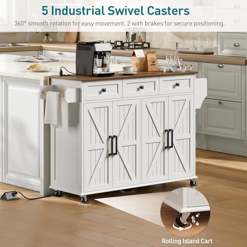 Kitchen Island with Drop Leaf, Kitchen Cart with Charging Station, Kitchen Table with Storage, Rolling Island Table with 3 Drawers, Towel Rack and Spice Rack, White and Walnut