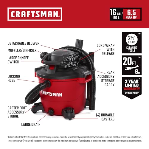 CRAFTSMAN CMXEVBE17606 12 Gallon 6 Peak HP Wet/Dry Vac with Detachable Leaf Blower, Portable Shop Vacuum with Attachments