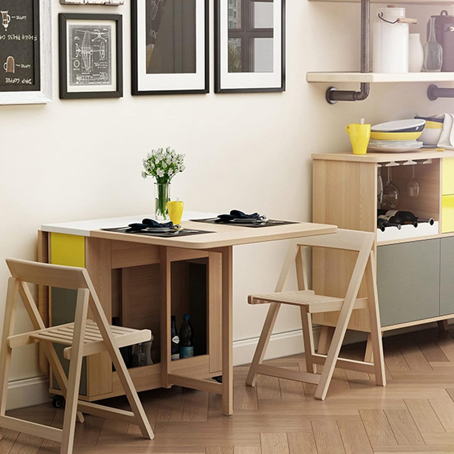 Extendable Dining Table Drop Leaf Table Folding Dining Table Solid Wood Compact Dining Room Table Space Saving Versatile Kitchen Table (1.2m)