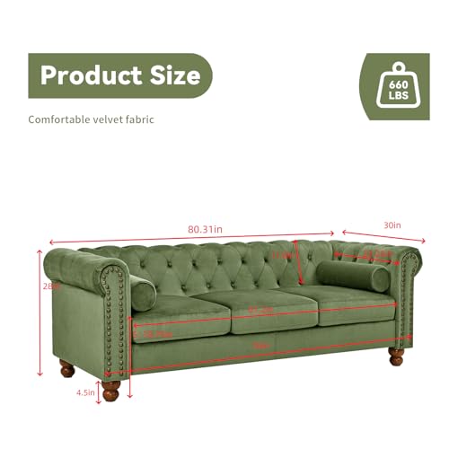 74.5" Velvet 3 Seater Sofa Sofa Couch Chesterfield Sofa Tufted Couch with 2 Pillows for Living Room Apartment Office Lounge Green