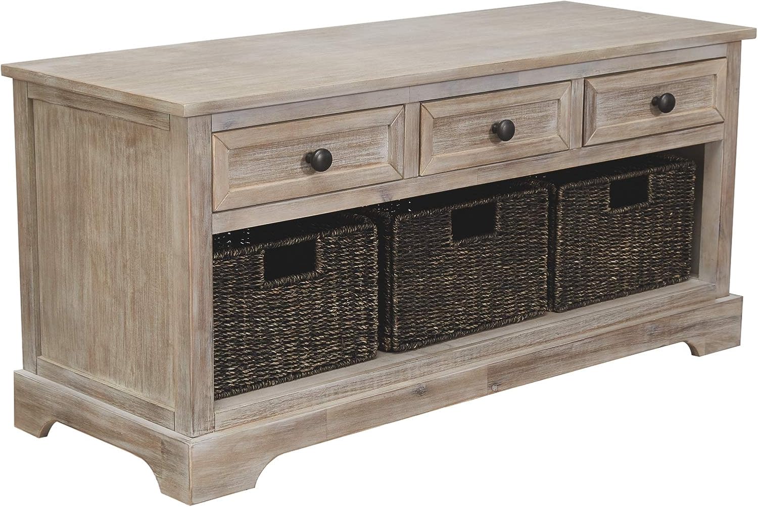 Signature Design by Ashley Fossile Ridge Boho Carved Wood Storage Bench with Hinge Top, Beige