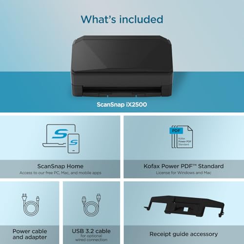 ScanSnap iX2500 Wireless or USB High-Speed Cloud Enabled Document, Photo & Receipt Scanner with Large Touchscreen and 100 Page Auto Document Feeder for Mac or PC, White