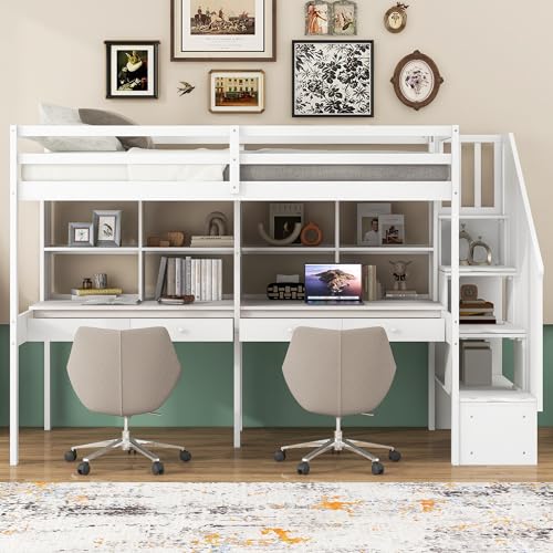 Harper & Bright Designs Twin Size Loft Bed with Stairs and Desks, Wood Loft Bed Frame with Storage Drawers, White