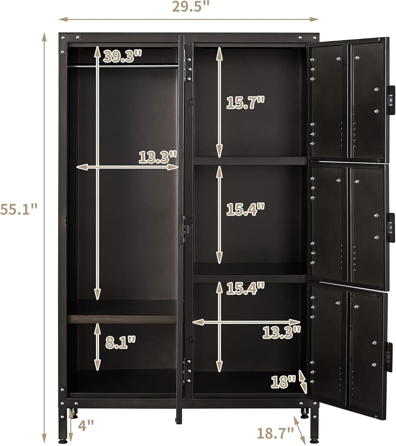 Metal Storage Cabinet, Storage Locker Employees Locker with 4 Doors, 55" Height Steel Cabinet with Lockable Doors, Storage Cabinet with Adjustable Feet for Home Office Gym.