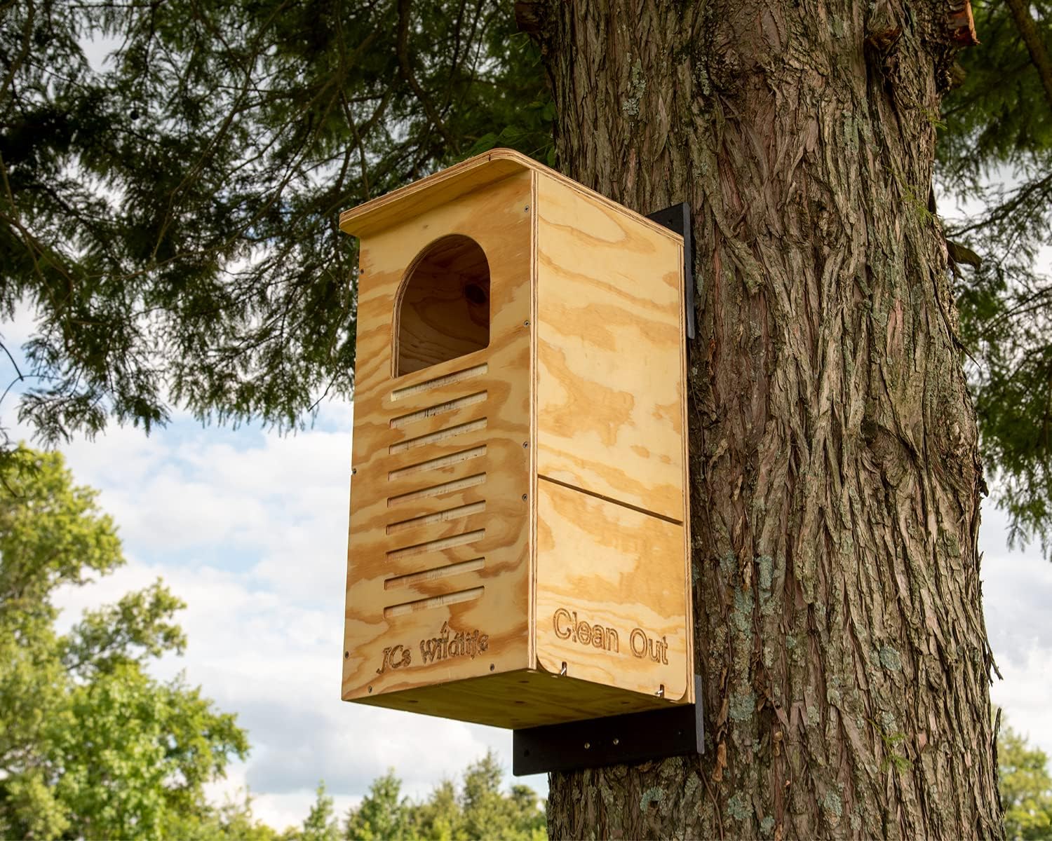 JCs Wildlife Barred Owl Nesting Box - Treated Exterior Grade Plywood - Mounting Hardware and Pine Shavings Included - Dedicated Clean Out Door for Easy Cleaning - Made in The USA