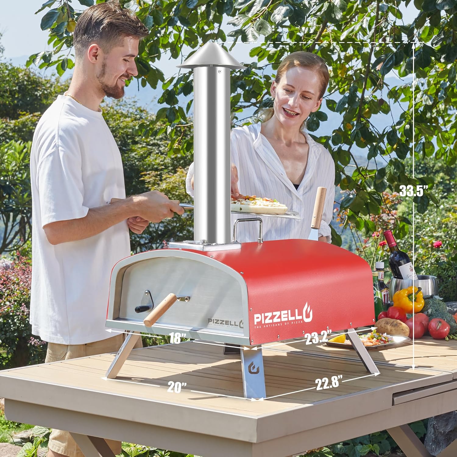 16" Outdoor Pizza Oven Propane and Wood Fired Multi-fuel Large Stainless Steel Pizza Grill with Gas Burner, Wood Tray Pizza Stone, Pizza Peel, Carry Bag (Red)