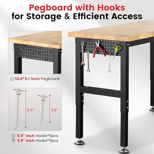 Workbench for Garage 48 Inch Work Bench Table Adjustable Height Rubberwood Tabletop Work Table with Power Outlets for Woodworking Shop Home Office Electronic Cutting Wood