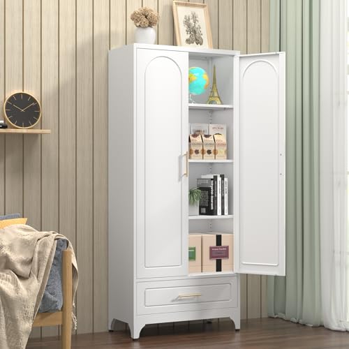 Metal Storage Cabinet with Doors and Shelves, 71 Inch Tall Kitchen Pantry Cabinet, Pantry Cabinets for Kitchen Storage, Freestanding Cupboard for Living, Dining Room, White, Assembly Required