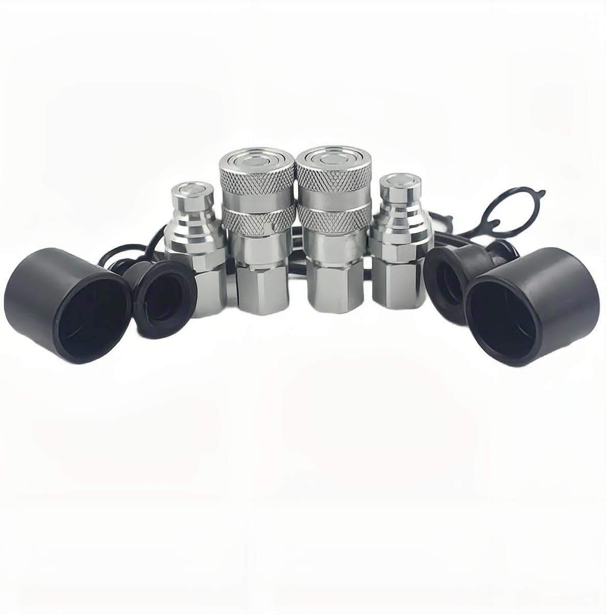 2-Sets ISO16028 1/4 Flat Face Hydraulic Quick Connect Coupling/Coupler Set W/Black Dust Cap 1/4'' NPT Thread