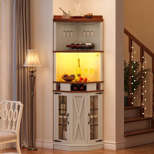 DWVO Corner Bar Cabinet with Glass Door & LED Lights, 72" Tall Farmhouse Liquor Cabinet Bar with Glass & Wine Holder, 6-Tiers Alcohol Cabinet for Dining Room, Living Room, Kitchen,White