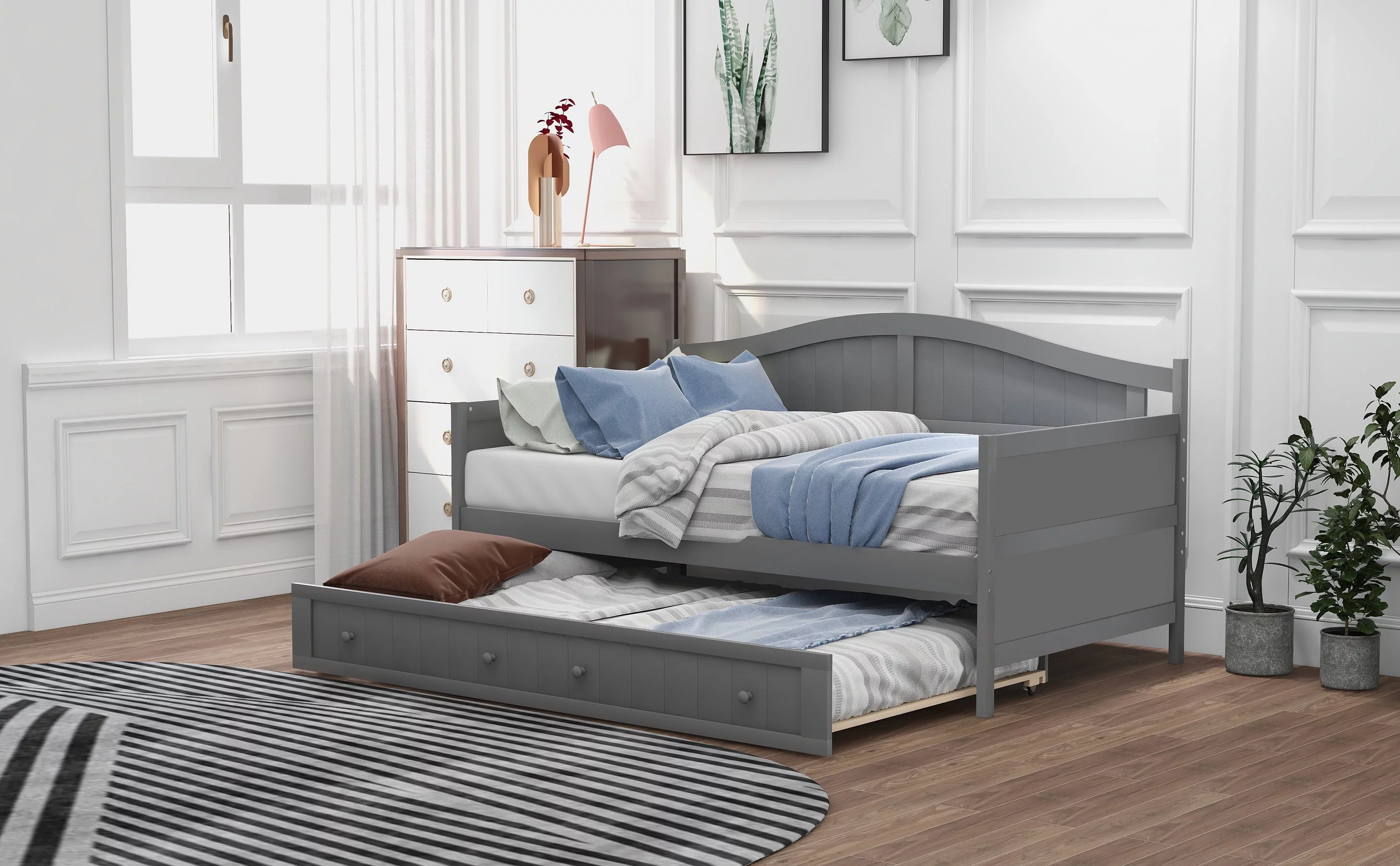 Grey Double Wooden Sofa Bed Modern Pull Out Chair Bed with Roller Bed Bedroom Living Room Sofa Bed Classic Arched Profile Suitable for Living Room Small Apartments