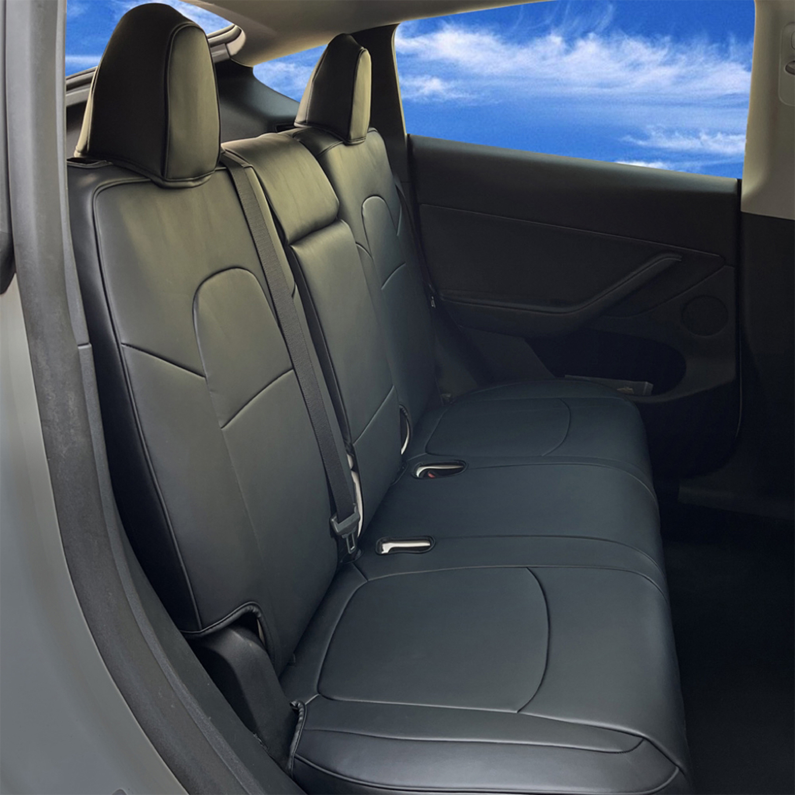 Ikon Motorsports Full Set Car Seat Covers Compatible With 2020-2023 Tesla Model Y 4-Door, Black Leather Front & Rear 5-Seat Seat Cover Cushion Protectors 11PCS