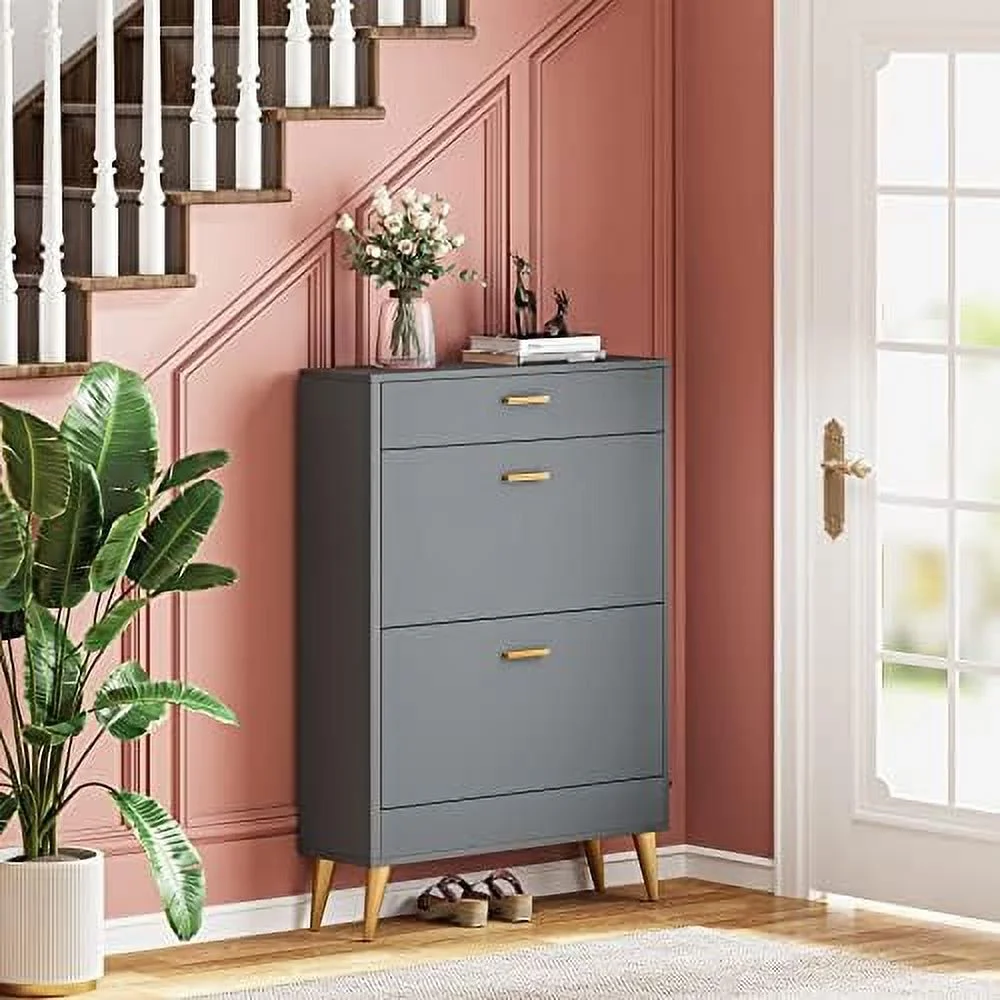Shoe Cabinet  White Shoe  Cabinet with 2 Flip Doors and Drawer   Narrow Shoe Organizer Rack for Entryway  Closet (White)