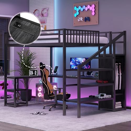 Full Size Loft Bed with Stairs and Storage, Metal Loft Bed Frame with Bedside Shelf and Large Under-Bed Space, Heavy-Duty Bed for Adults Teens and Kids, Black