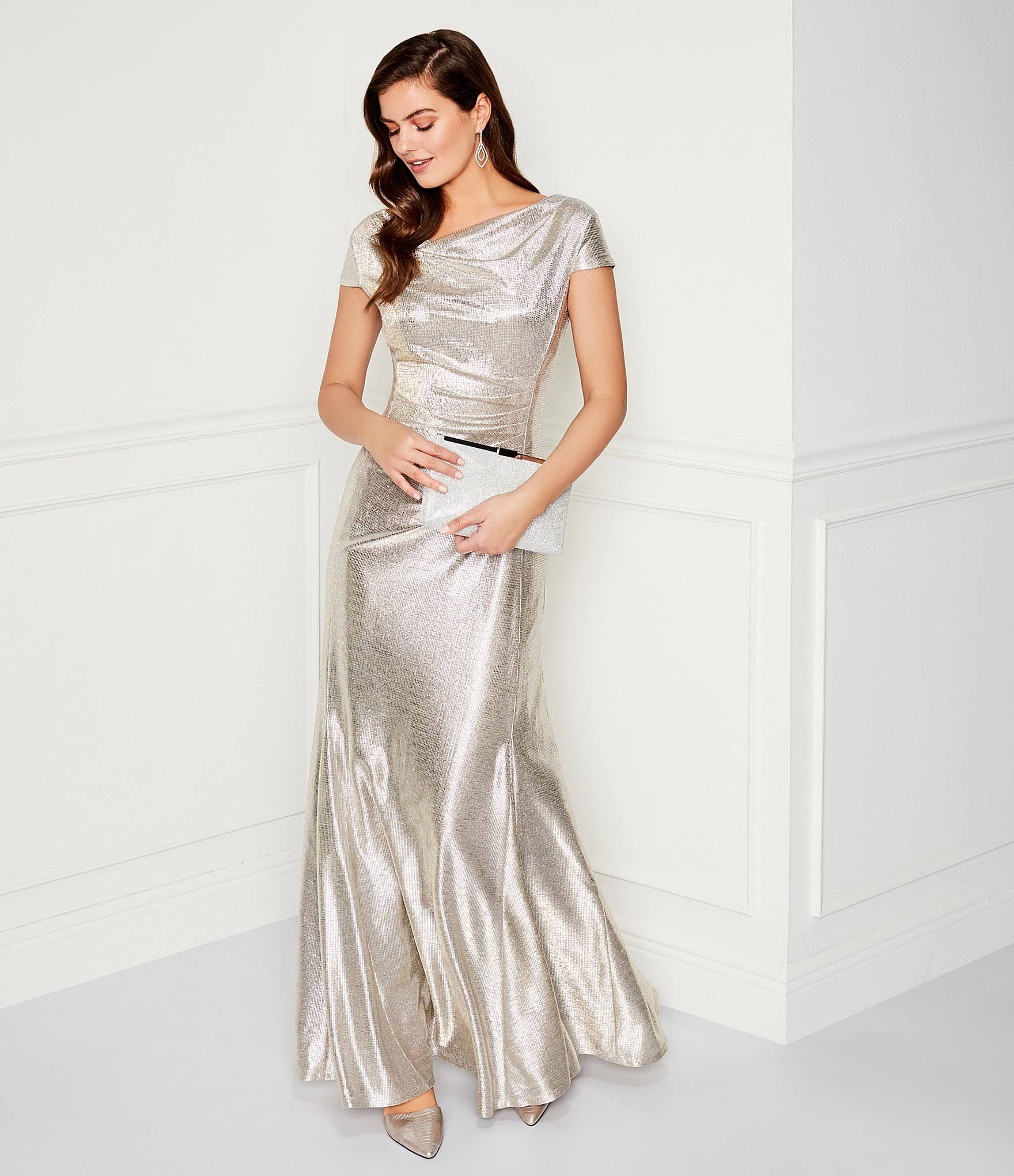 Tahari ASL Long Cap-Sleeve Metallic Knit Gown - 8