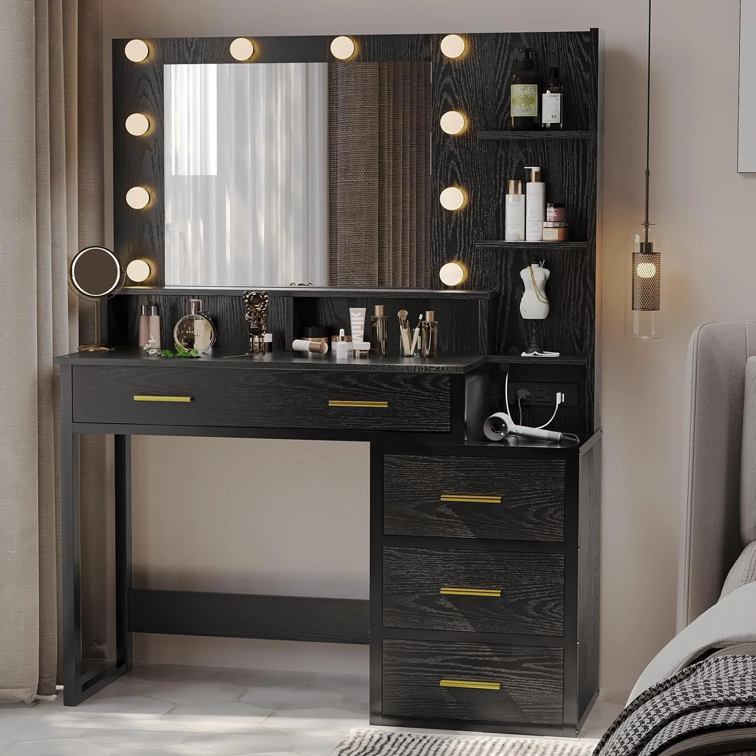 Modern Makeup Vanity, Vanity Desk with Mirror and 3 Lighting Modes, Vanity Table with Charging Station, Black