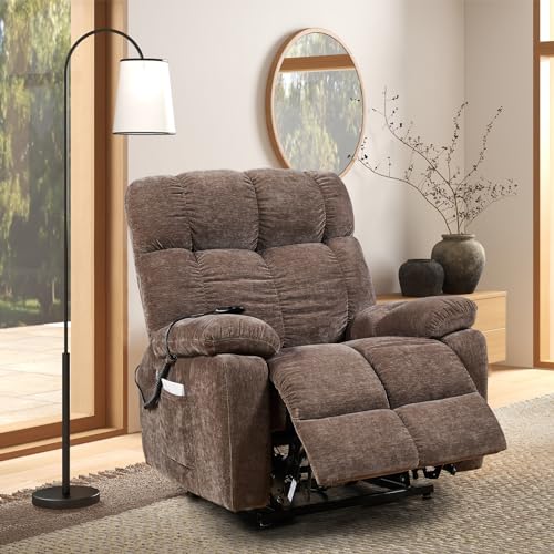 Power Lift Recliner Chair with Massage and Heat, High-end Quality Cloth Power Reclining Chair with 2 Motors for Elderly, 3 Positions, 2 Side Pockets, USB Charge Ports, Brown