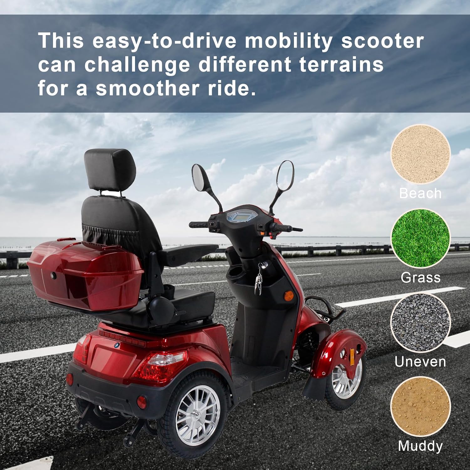 Electric Mobility Scooter for Adults & Seniors, Heavy Duty 4 Wheel Mobility Scooters 500lbs Capacity 800W All Terrain Powered Mobility Scooter for Travel, 3-Speed Elderly Handicap Scooter-Red