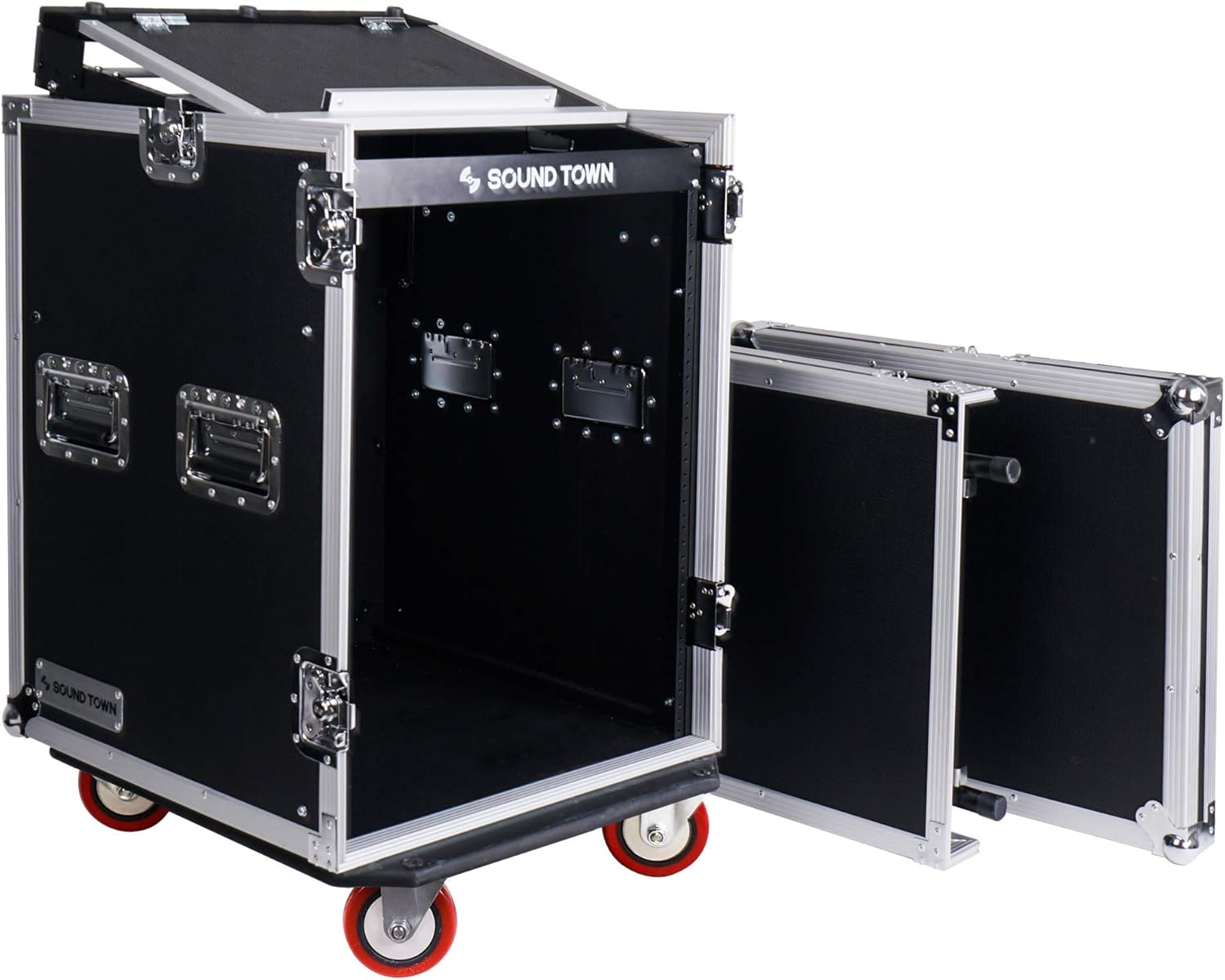 Sound Town 14U PA DJ Rack/Road ATA Case with 11U Slant Mixer Top, 20���� Rackable Depth, DJ Work Table and Casters, 14 Space Size, Pro Tour Grade (STMR-14UWT)