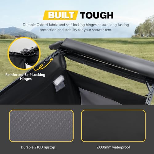 BUNKER INDUST Vehicle Side Shower Tent with Roof, Car Portable Privacy Shower Bathroom, Outdoor Camping Awning Shower Room Waterproof, Built-in LED Light for Night, Black