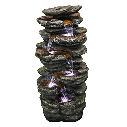 6-Tier Rockery Outdoor Fountain - 40” H Outdoor Waterfall Fountain with LED Lights for Home&Office Decor, Stacked Rock Cascading Relaxation Garden Fountains Outdoor for Patio, Yard, Deck