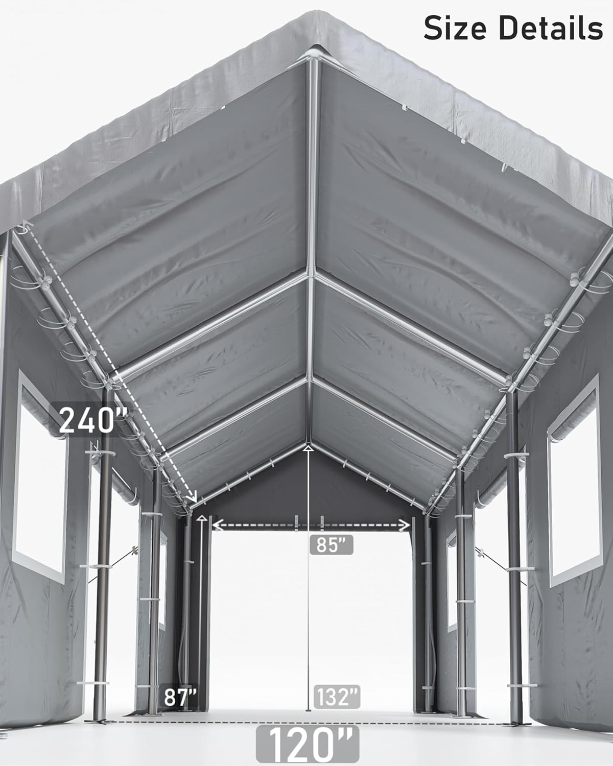 Carport 10'x20' Portable Garage Heavy Duty, 1.0 mm Steel Poles & 14 mil PE Tarp, with Front & Rear Doors, 2 Side Doors, and 4 Windows Screen, for Pickup Truck, and Boat, Silver Gray