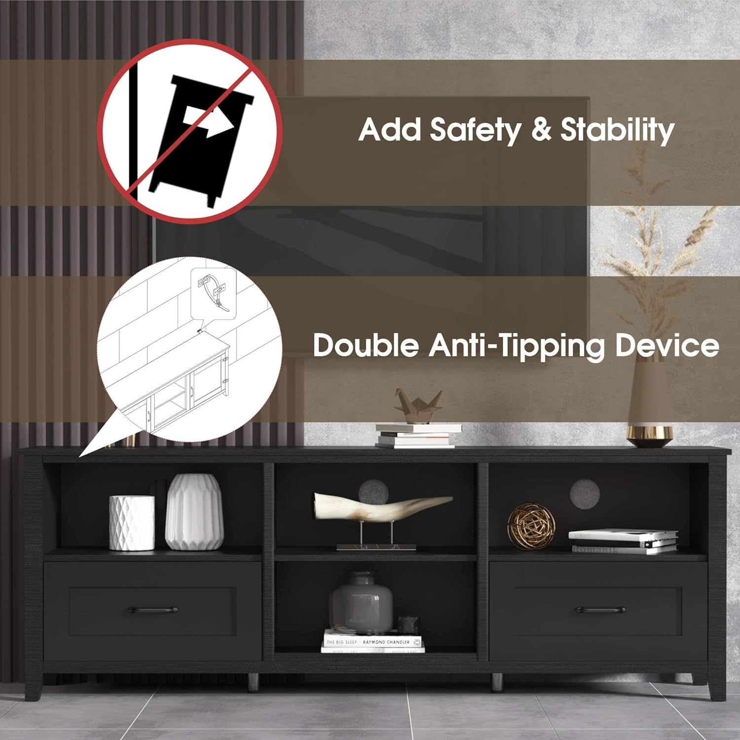 Black TV Stand for 55/65/70/75/80 inch TV, TV Media Center, Modern Entertainment Center with Drawers Wood Storage Cabinet Media Console for Living Room, Bedroom, 70 inch Long