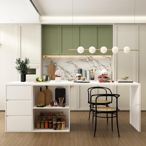 ECACAD 80.7" Kitchen Island with Storage, Wood Kitchen Prep Table White Stationery Storage Cabinet with 3 Drawers, Open Shelves & 2 Cabinets for Dining Room