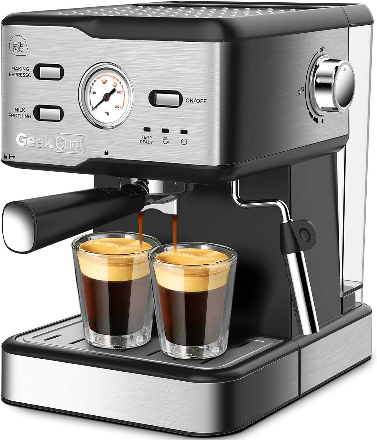 Geek Chef Espresso Machine, Cappuccino latte Maker Coffee Machine with ESE POD filter&Milk Frother Steam Wand and 1.5L Water Tank, 15 Bar, Black