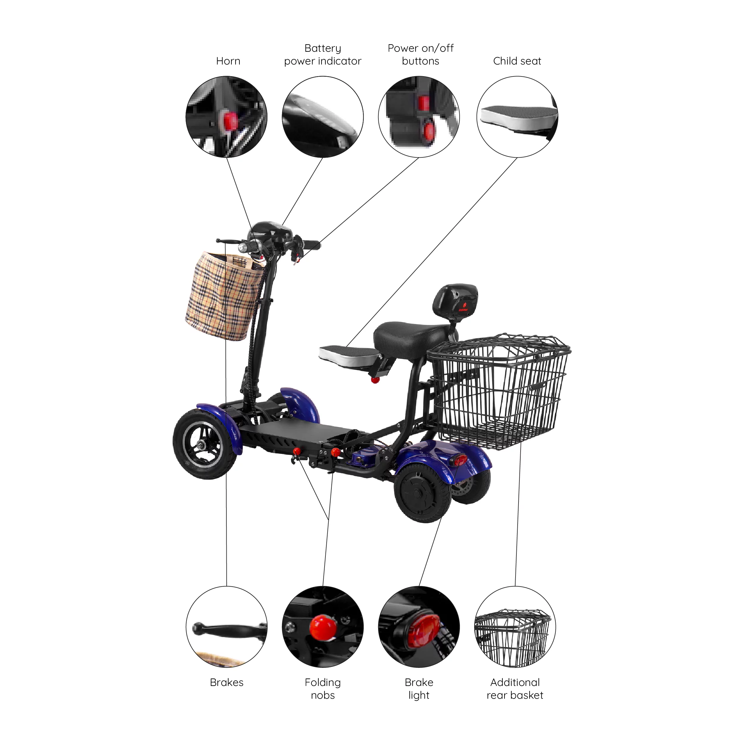 Bangeran Electric Mobility Scooter, 4 Wheel Foldable Portable, Up to 12 Miles - Blue