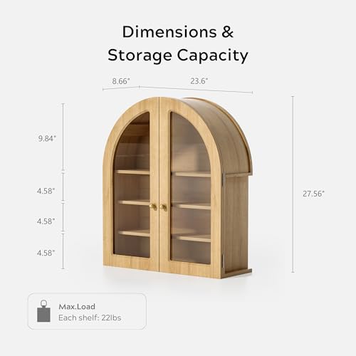 Large Arched Wall Cabinet, Bathroom Medicine Wall Mounted Cupboard, Modern Floating Storage Cabinet with Acrylic Door Adjustable Shelf, Wood Organizer (Natural Oak)