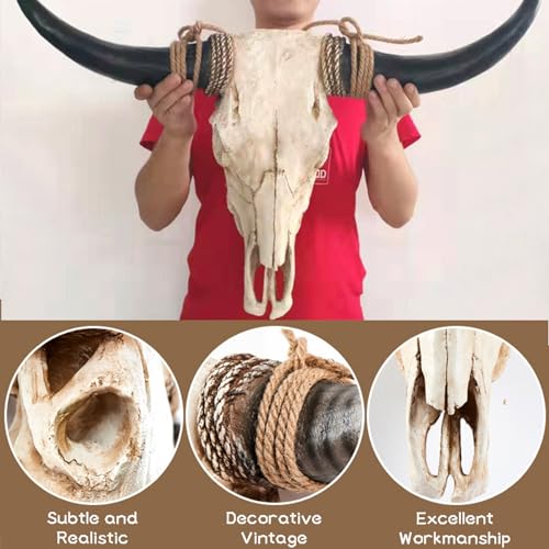 Ysjndasm Long Horns Wall Decor Cow Skull Wall Hanging - Longhorn Skull Faux Taxidermy Head Cow Skull Wall Decor Large Bull Skull Wall Sculpture Farmhouse Decor, 31 x 24 x 7 inch (Black)