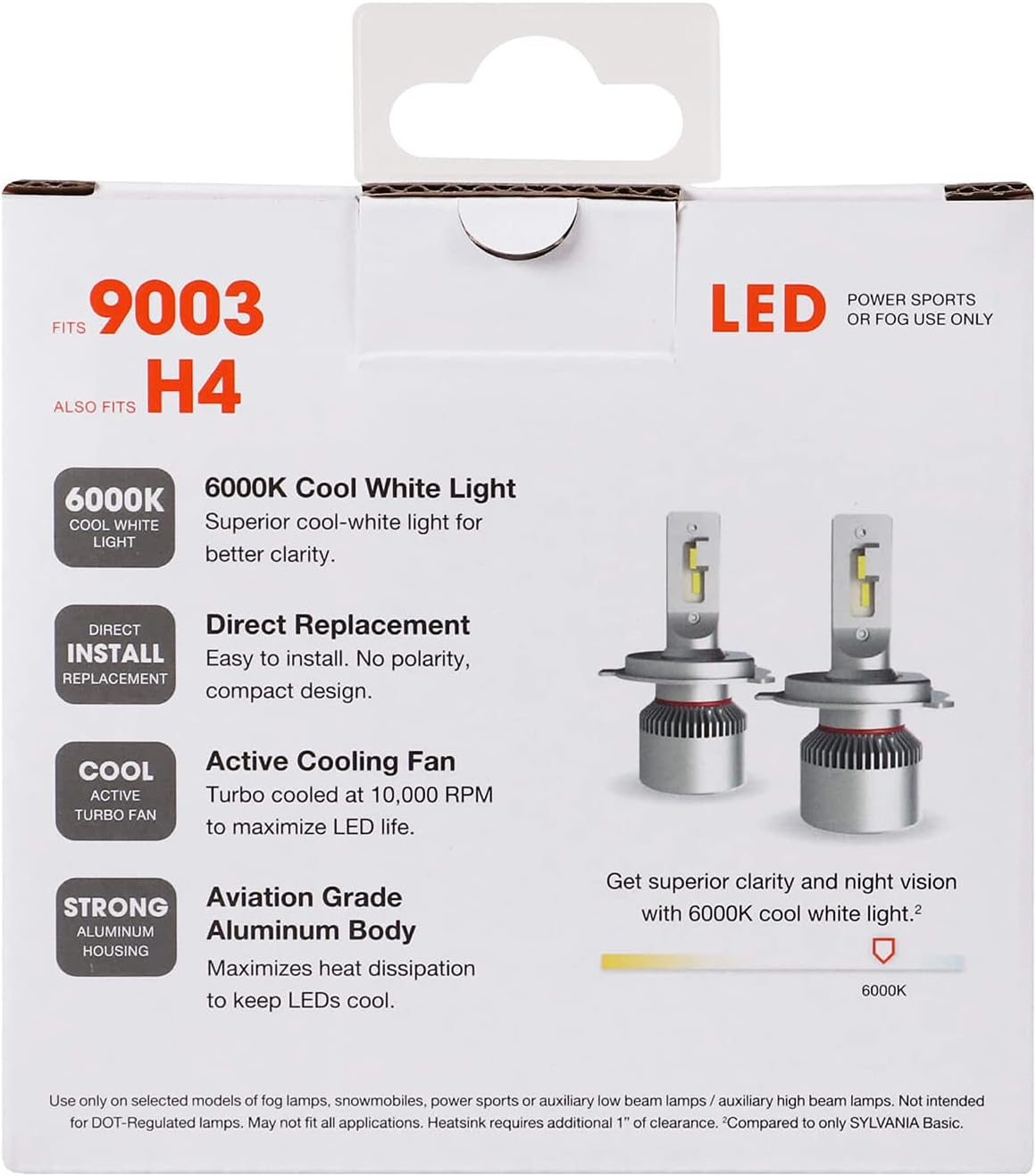 Sylvania 9003 Superior 6000K LED Powersport Vehicle Headlight Replacement Bulbs for Off-Road Use or Fog Lights, Cool White Lights