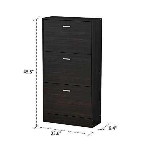 Homsee Modern Shoe Storage Cabinet with 3 Flip Drawers, Wood 3-Tier Shoe Rack Storage Organizer for Entryway, Hallway & Bedroom, Black-Brown (23.6”L x 9.4”W x 45.5”H)