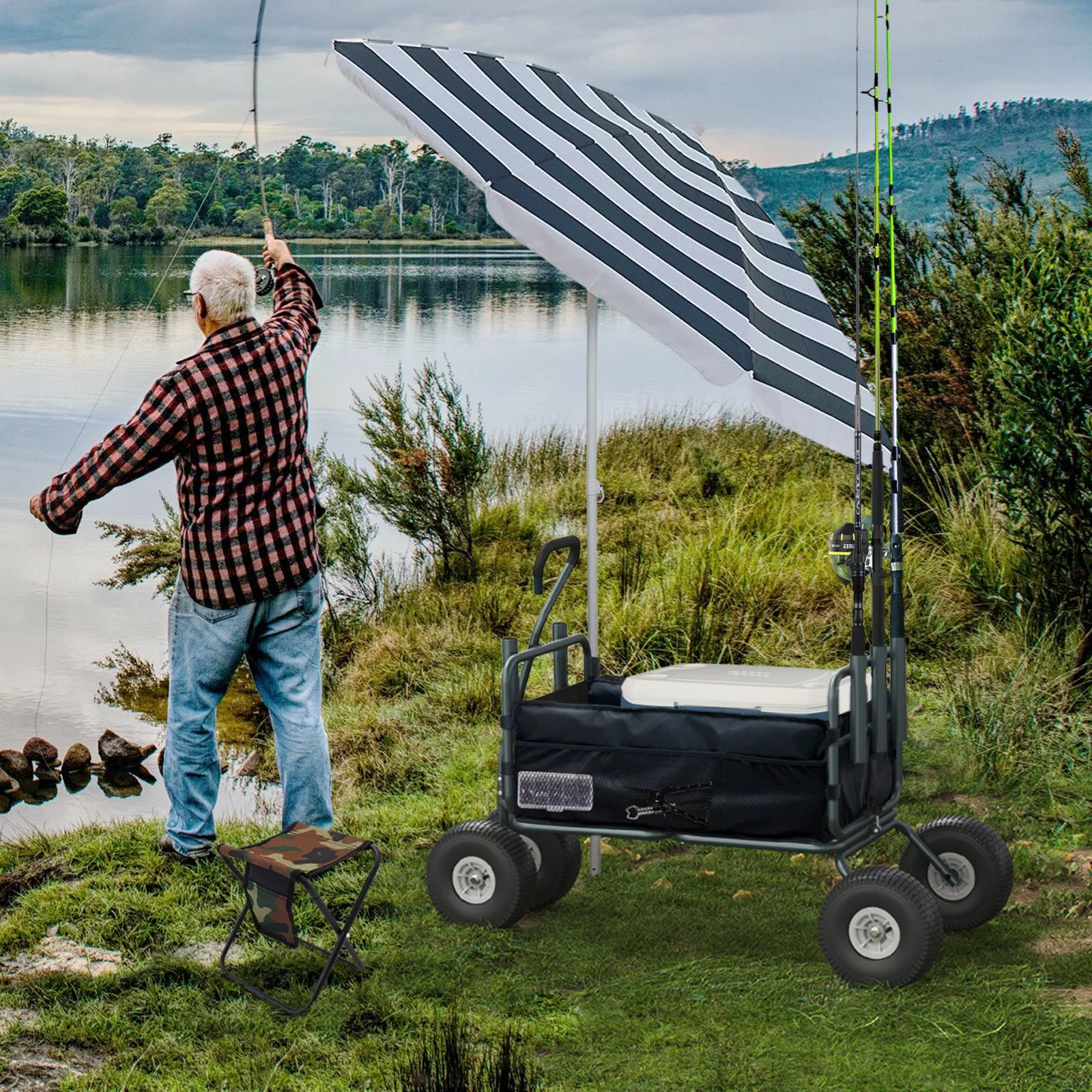 GDLF Fishing Cart  Heavy Duty Foldable Collapsible Wagon  Rod Holders 550 Pound Capacity 53.9"x26.4"x38.8"
