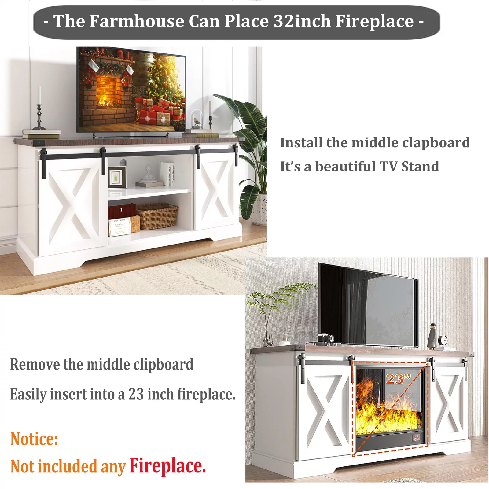 Chvans Farmhouse Barn Door TV Stand for up to 65 TVs /23 Electric Fireplace, Entertainment Center Console Table with Adjustable Shevles(58)