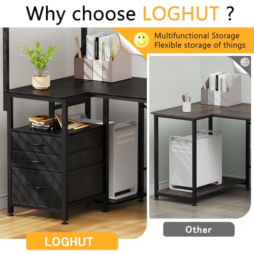 47 inch L Shaped Desk with 3 Fabric Drawers, Reversible Computer Desk with Top Shelf & Storage Shelf & CPU Stand for Home Office,Corner Gaming Desk Work Study Table for Gaming Writing,Black
