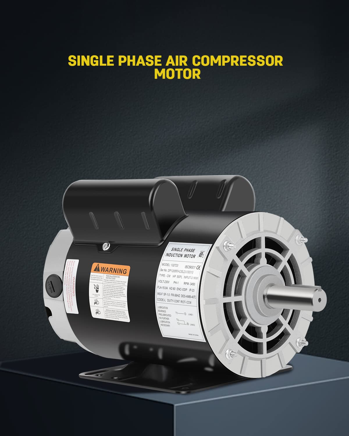 5 HP SPL Air Compressor Motor, 3450 RPM Electric Motor, 230V Single Phase Motor, 56HZ Frame 7/8" Keyed Shaft 60 Hz, Commercial-Duty CCW Rotation, 2.25" Shaft Length for Air Compressors