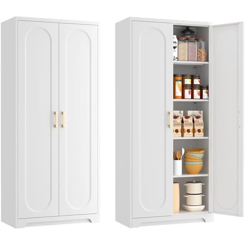 Metal Storage Cabinet with Doors and Shelves, 71 Inch Tall Kitchen Pantry Cabinet, Pantry Cabinets for Kitchen Storage, Freestanding Cupboard for Living, Dining Room, White, Assembly Required