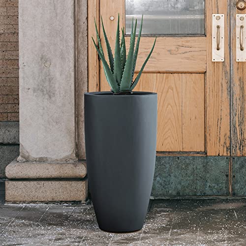 Kante 23.6" H Charcoal Concrete Tall Planters (Set of 2), Large Outdoor Indoor Decorative Plant Pots with Drainage Hole and Rubber Plug, Modern Style for Home and Garden