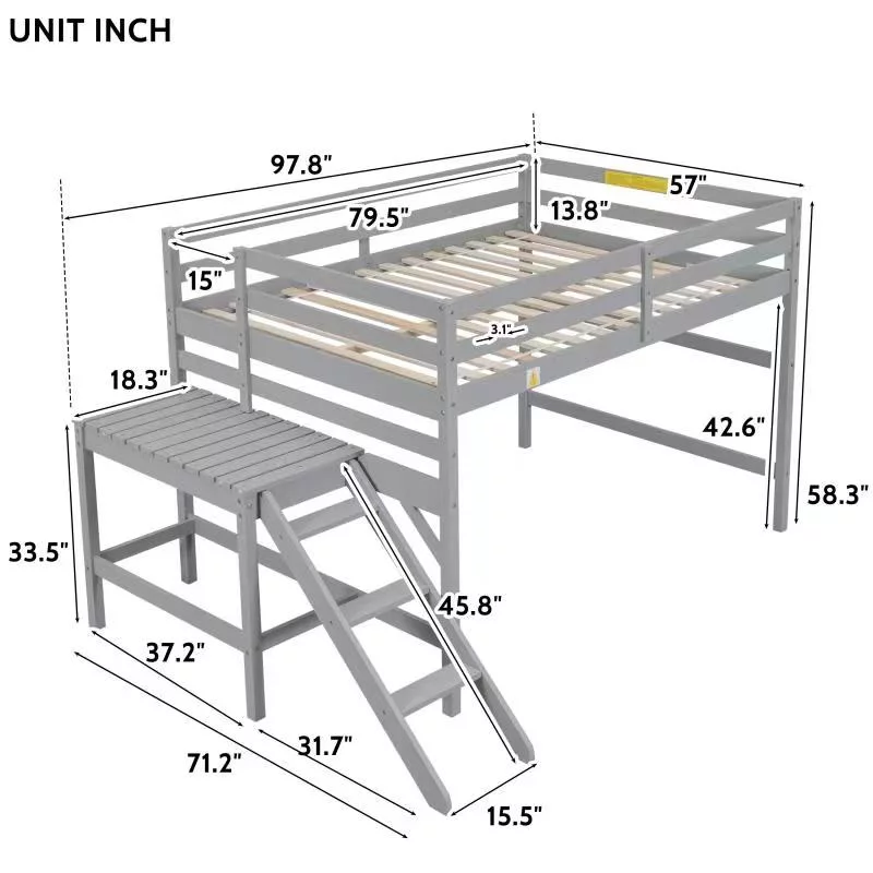 Bellemave Full Wood Loft Bed with Full-length Safety Rail and Ladder, Space-Saving Bedroom Low Loft Bed for Kids (Gray)