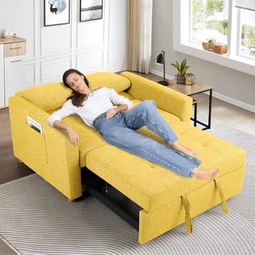 Convertible Sofa Bed, 3-in-1 Sleeper Sofa Pull Out Couch Bed, 2-Seater Linen Fabric Loveseat Futon Sofa with Spring Support, Adjustable Backrest for Small Spaces, Living Room, Navy Blue