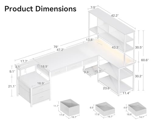 AODK 71 inch L Shaped Desk with File Drawers, Reversible L Shaped Gaming Desk with Power Outlets & LED Lights, Computer Desk with Storage Shelves for Home Office, Black
